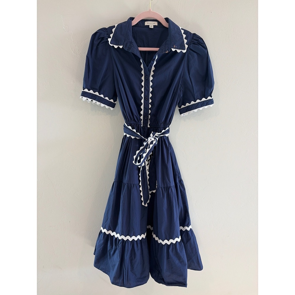 Stellah Navy Blue Cotton Ric Rac Trim Tiered Midi Shirtdress Small